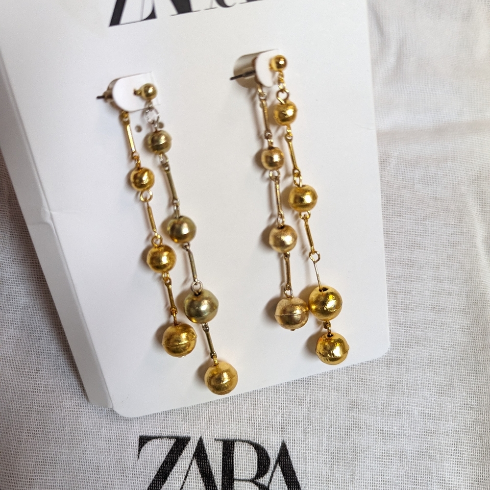 ZARA BALL DROP DANGLE LONG EARRINGS GOLD NWT